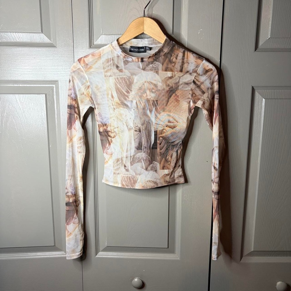 PrettyLittleThing Renaissance Statue Print Sheer Mesh Long Sleeve Top Size 2 M